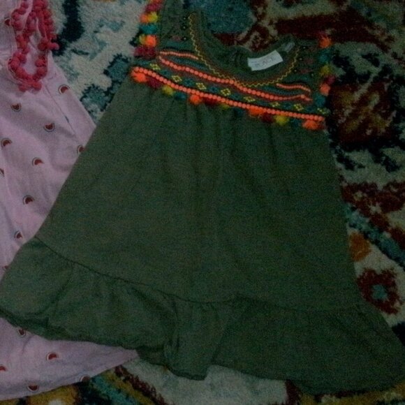~ TWO ~ size 3T Sun Dresses Pink Pom-Poms Watermelon & Green Embroidered Fringe - Picture 2 of 3